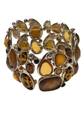 Retro Gemstone Stacked Stretch Bracelet Amber Colored Tortoise Shell 70s Fashion
